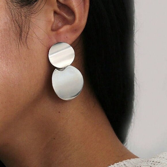 Dangle Earrings, Stainless Steel Round Minimalist Trendy Drop Earrings - Picture 2 of 10